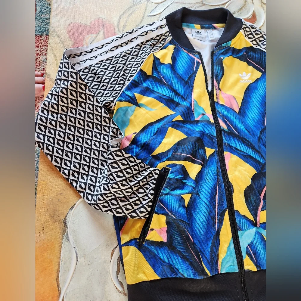 ADIDAS× Farm RIO Banana Leaf Yellow Royal Blue Zips Sporty Baseball Track Jacket - Picture 11 of 16